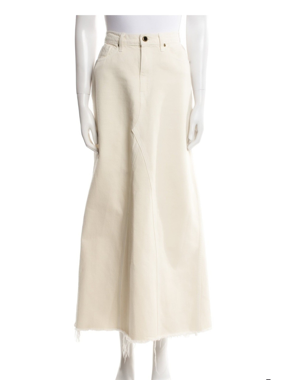KHAITE Cream Full-Length A-Line Denim Raw Edge Midi Skirt